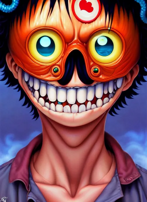 Prompt: lovecraftian portrait of luffy, pixar style, by tristan eaton stanley artgerm and tom bagshaw