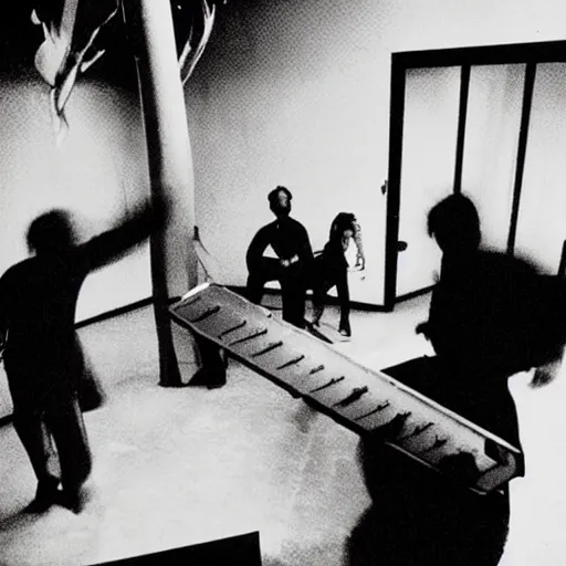 Image similar to George Costanza throwing a table, frantic, chaotic, ethereal, b&w, 35mm film!!!!!!!!, are-bure-boke!!!!!!!!, by Daido Moriyama!!!!!!