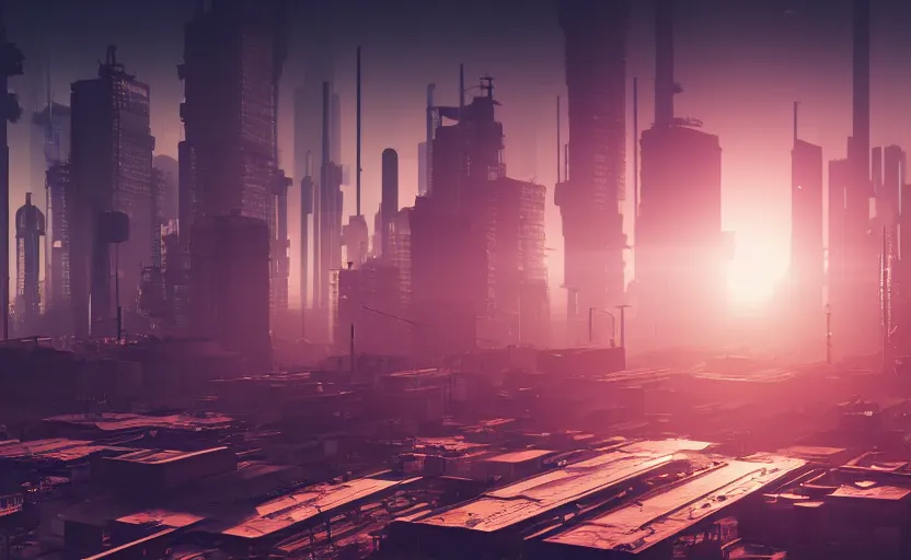 Image similar to polluted cyberpunk city with factories in the backround. daylight. sunlight. lens flare. light fixtures. 8 k. detailed. photorealism. artstation. 2 5 mm f / 1. 7 asph lens. ultra realistic