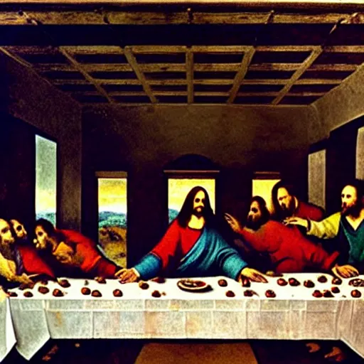 Image similar to the vampires from the show What we do in the shadows in the painting of the last supper by Leonard Da Vinci , photograph, ultrarealistic