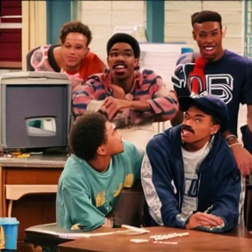 Image similar to a tv still of Chance The Rapper starring as a black college student at Jones College Prep in a 1993 sitcom