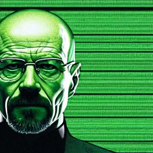 Image similar to walls of green text, lines of green code, walter white as neo from The Matrix (1999), background is green lines of text, CGSociety