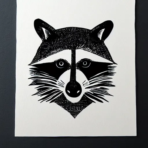 Prompt: raccoon, cute, block print, simple stylized, black ink on white paper