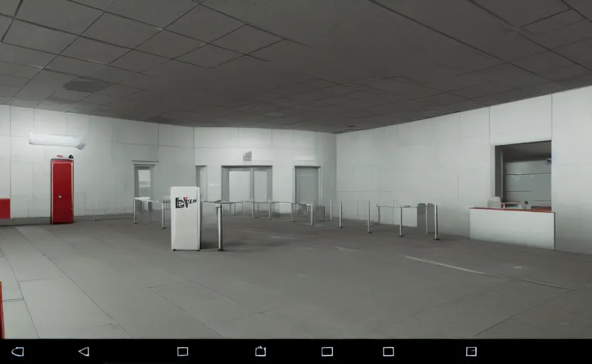 Prompt: screenshot of game on unreal engine 5, a large white empty breakroom with a security checkpoint, photorealistic, retrofuturism, brutalism, minimalist, soft vintage glow