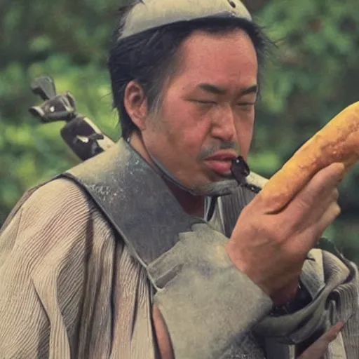 Image similar to scene from Kagemusha, 1980, movie still, cinematic, a samurai eating a hot dog, mustard and ketchup,