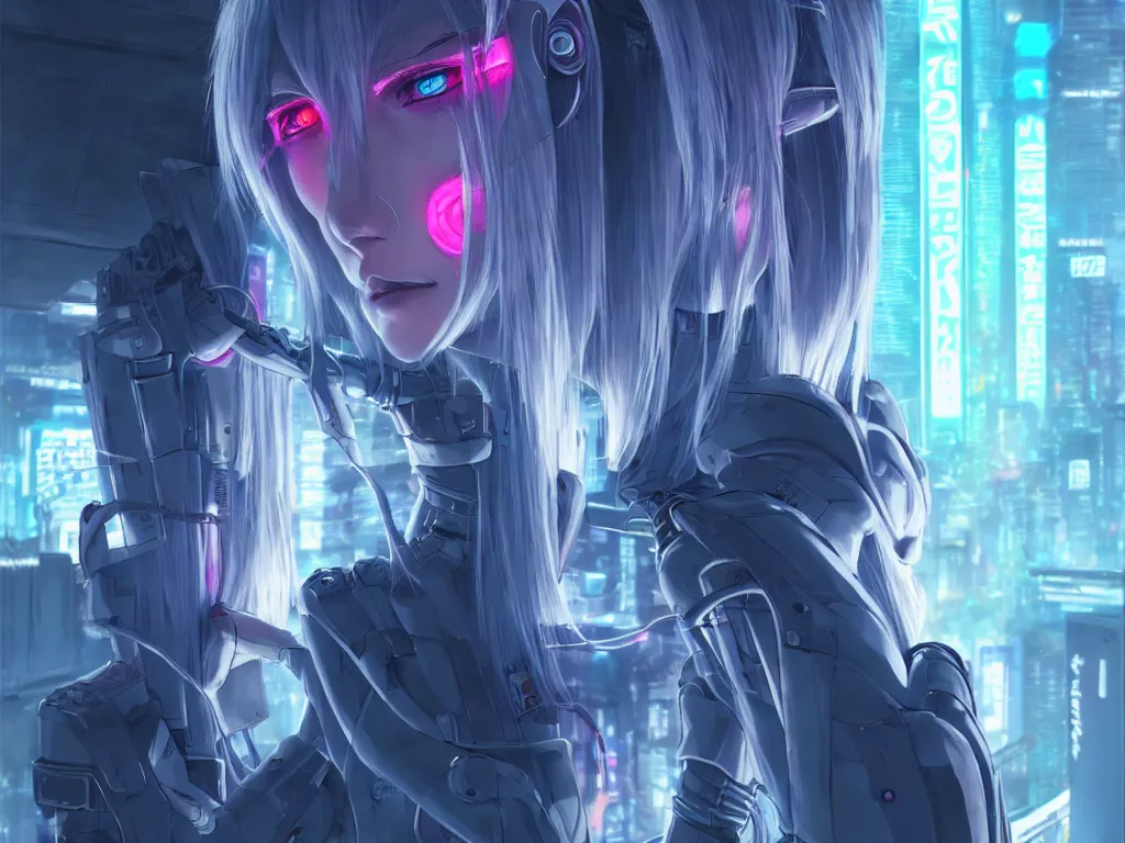 Image similar to portrait grey hair anime visual futuristic female cyber police, on cyberpunk neon light tokyo rooftop, ssci - fi and fantasy, intricate and very beautiful, human structure, concept art, sharp focus, anime by simon stalenhag and rossdraws and magali villeneuve and liya nikorov and luxearte, frostine engine