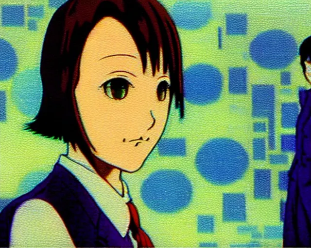 Prompt: blurry and dreamy screencap of a realistic character from 9 0 s satoshi kon anime, woman with short hair and black eyes weraing dress suit with tie, character design by yoshitaka amano, glitchy vhs tape, night tokyo in the background, perfect blue color palette, noisy film grain effect, blurry image, renessaince oil painting