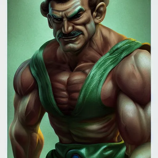 Image similar to Muscular Luigi , digital art , trending on artstation , Hyperdetailed , CGSociety