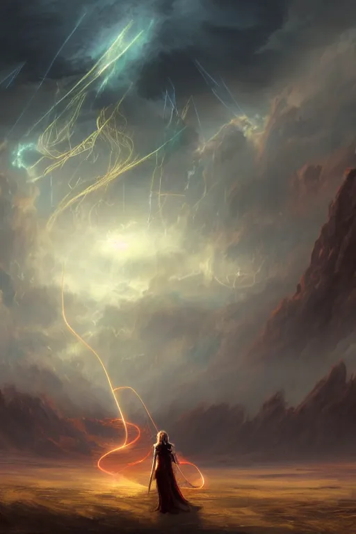 Prompt: breathtaking digital painting of a storm with dozens flying swords of light, in golden clouds in a desert castle, strokes of mist and scarlet ribbons, german romanticism style, volumetric lighting, concept art, matte, sharp focus, art by celestialfang, matchach, juanmao, dustin panzino, trending on artstation