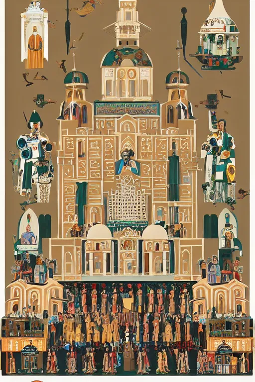 Image similar to scene from wes anderson orthodox cathedral building with mecha robots icons by helen lundeberg