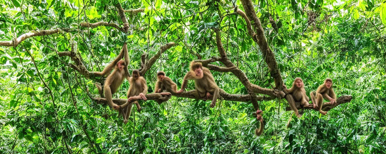 Prompt: a family of monkeys swing through the trees in a beautiful jungle landscape bordered by vines, flowers, tropical birds, snake, river with stunning water, backlit