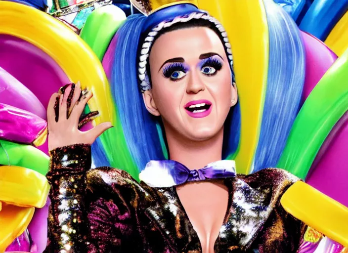Image similar to a film still closeup of candy katy perry in willy wonka and the chocolate factory