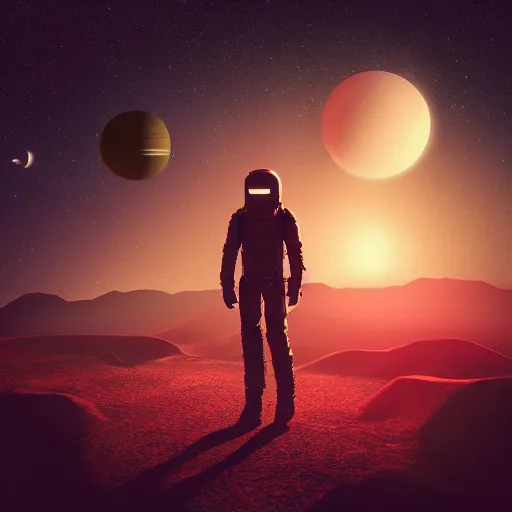 Prompt: “ dark mysterious spaceman wandering amongst the planets in the sky, 4 k, super detailed ”