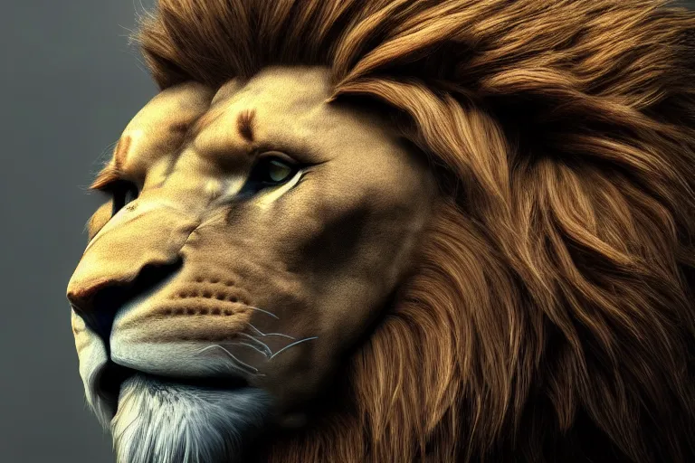 Image similar to extremely realistic portrait of square head lion, fantasy, trending on artstation, heroic pose, highly detailed, profile picture, 8k