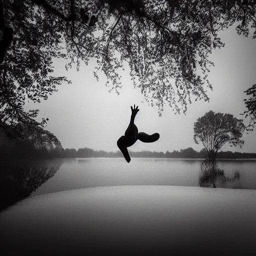 Prompt: semitranslucent smiling frog amphibian jumping over misty lake surface, cinematic shot by Andrei Tarkovsky, jump in composition of Leap into the Void by Yves Klein, paranormal, spiritual, mystical