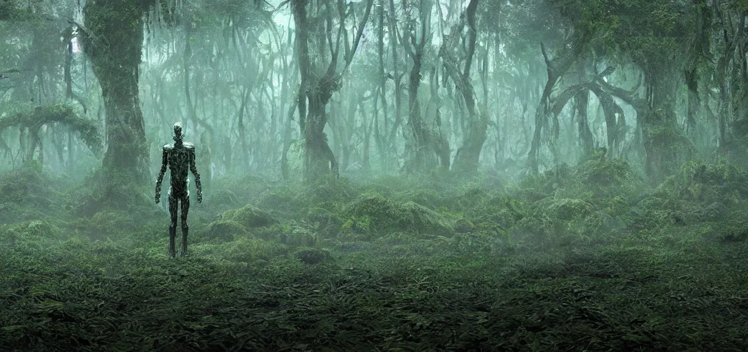 Image similar to a complex organic fractal 3 d metallic symbiotic ceramic humanoid megastructure creature in a swampy lush forest, foggy, cinematic shot, photo still from movie by denis villeneuve, wayne barlowe, taken with a disposable camera