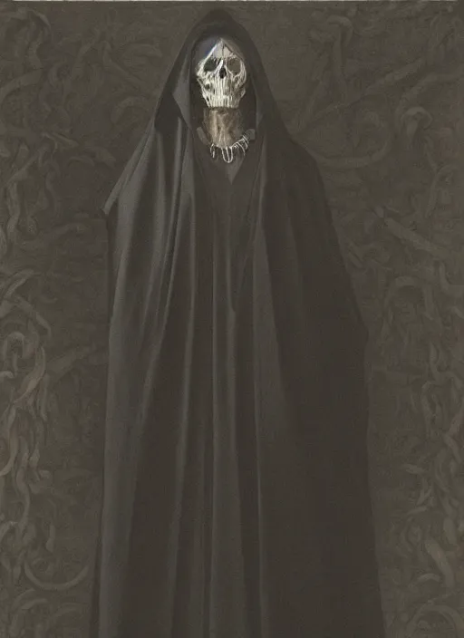 Image similar to fineart illustration of the necromancer wearing a black cloak, hyper detailed, crisp