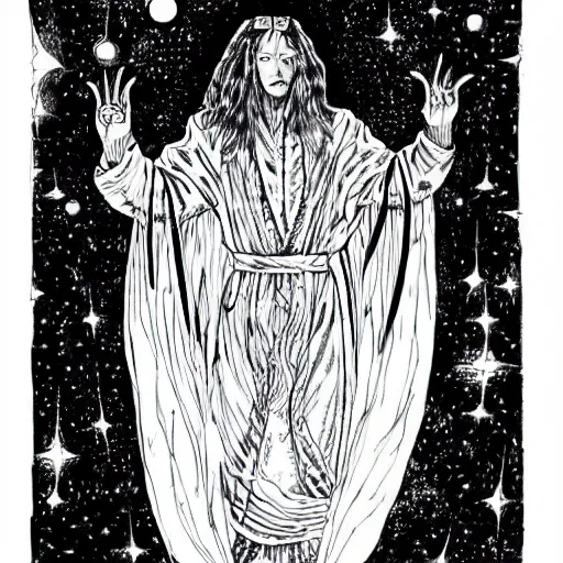 Image similar to black and white pen and ink!!!!!!! Suprani!!!!! wizard Nick Drake wearing High Cosmic print robes made of stars flaming!!!! final form flowing ritual royal!!! Vagabond!!!!!!!! floating magic swordsman!!!! glides dancing through a beautiful!!!!!!! Camellia!!!! Tsubaki!!! death-flower!!!! battlefield behind!!!! dramatic esoteric!!!!!! Long hair flowing dancing illustrated in high detail!!!!!!!! by Hiroya Oku!!!!!!!!! graphic novel published on 2049 award winning!!!! full body portrait!!!!! action exposition manga panel black and white Shonen Jump issue by David Lynch eraserhead and beautiful line art Hirohiko Araki!! Frank Miller, Kentaro Miura!, Jojo's Bizzare Adventure!!!! 3 sequential art golden ratio technical perspective panels horizontal per page