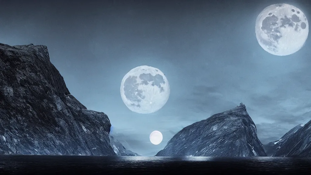 Image similar to a night view of the full moon above fjords, dark, very dark, blue, almost black, dark, dark, dark, dark, moon on the right, moon on the right, moon located on the right, the moon is on the right side, matte painting, concept art, 4 k