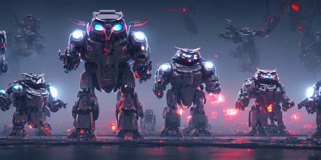 Image similar to an army of evil, malevolent, giant robot mechanical owls surrounded by computers and computer screens. this 4 k hd image is trending on artstation, featured on behance, well - rendered, extra crisp, features intricate detail and the style of unreal engine. volumetric lighting octane render