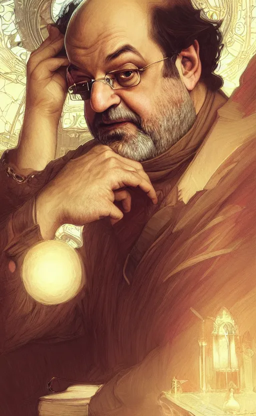 Image similar to portrait of salman rushdie writing, deep focus, d & d, fantasy, intricate, elegant, highly detailed, digital painting, artstation, concept art, matte, sharp focus, illustration, art by artgerm and greg rutkowski and alphonse mucha