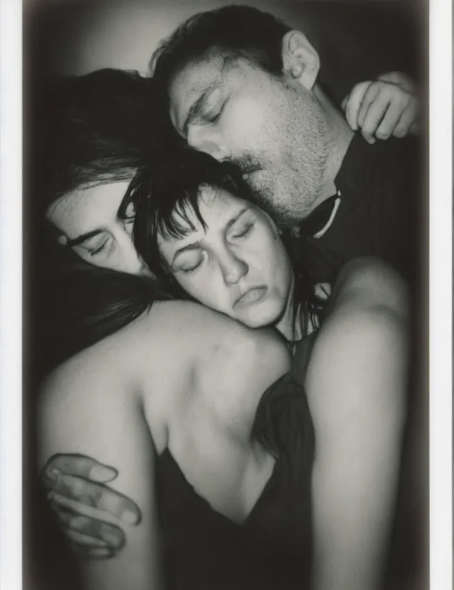 Image similar to polaroid photo with flash, portrait of woman sleeping on a shoulder of a male stranger in a metro, cool colors, bleached strong lights, kodak film stock, hyper real, stunning moody cinematography, with anamorphic lenses, by maripol, detailed