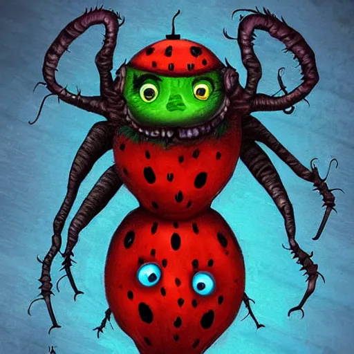 Image similar to ladybug as a monster, fantasy art style, scary atmosphere, nightmare - like dream