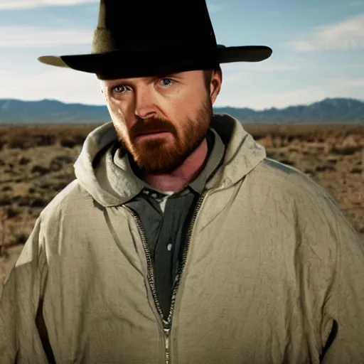 Image similar to Live Action Still of Aaron Paul dressed as and playing Walter White in Breaking Bad, real life, hyperrealistic, ultra realistic, realistic, highly detailed, epic, HD quality, 8k resolution, body and headshot, film still