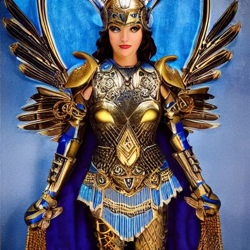 Prompt: art deco portrait valkyrie, blue and gold ornate armor, highly detailed, intricate detail, art station,