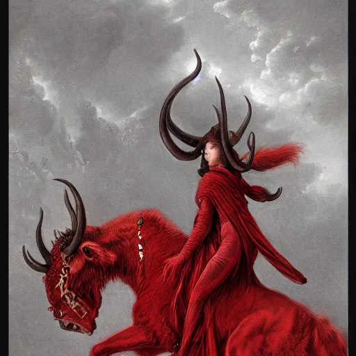 Image similar to a masterpiece! photographic portrait of a scarlet - colored beast with seven ( 7 ) heads and ten ( 1 0 ) horns by gustave dore and stephen hickman and allen williams, trending on artstation, cgsociety, 8 k hd, earthtone colors, a cloaked woman riding the back of the beast