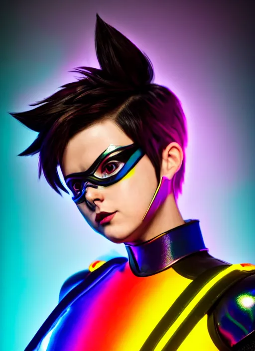 Image similar to hyperrealistic style portrait of tracer overwatch, confident pose, wearing black iridescent rainbow latex, rainbow, neon, 4 k, expressive happy smug expression, makeup, wearing detailed black leather collar, wearing sleek armor, studio lighting, black leather harness, expressive detailed face and eyes,