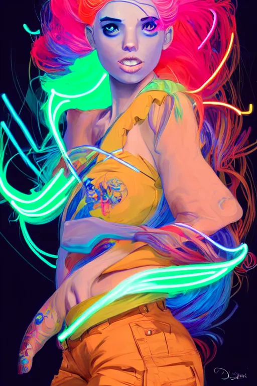 Image similar to a award winning full body portrait of a beautiful woman with stunning eyes in a one off shoulder croptop and cargo pants with rainbow colored hair, outlined by whirling illuminated neon lines and fine lines swirling in circles by jesper ejsing and rhads and makoto and shinkai and lois van baarle, digital art, trending on artstation