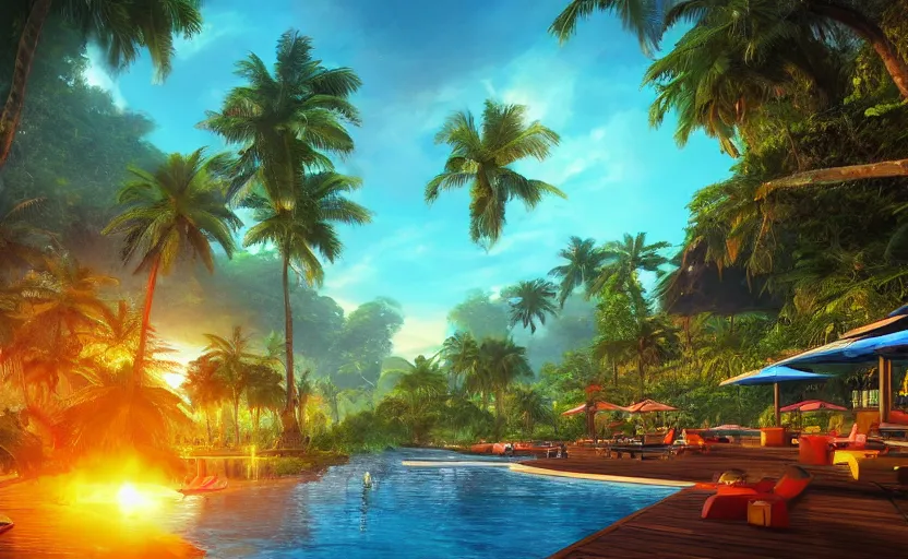 Image similar to a tropical resort in a jungle paradise, with a beautiful red and blue sunset, dynamic lighting, photorealistic fantasy concept art, trending on art station, stunning visuals, creative, cinematic, ultra detailed, ray tracing, sun rays