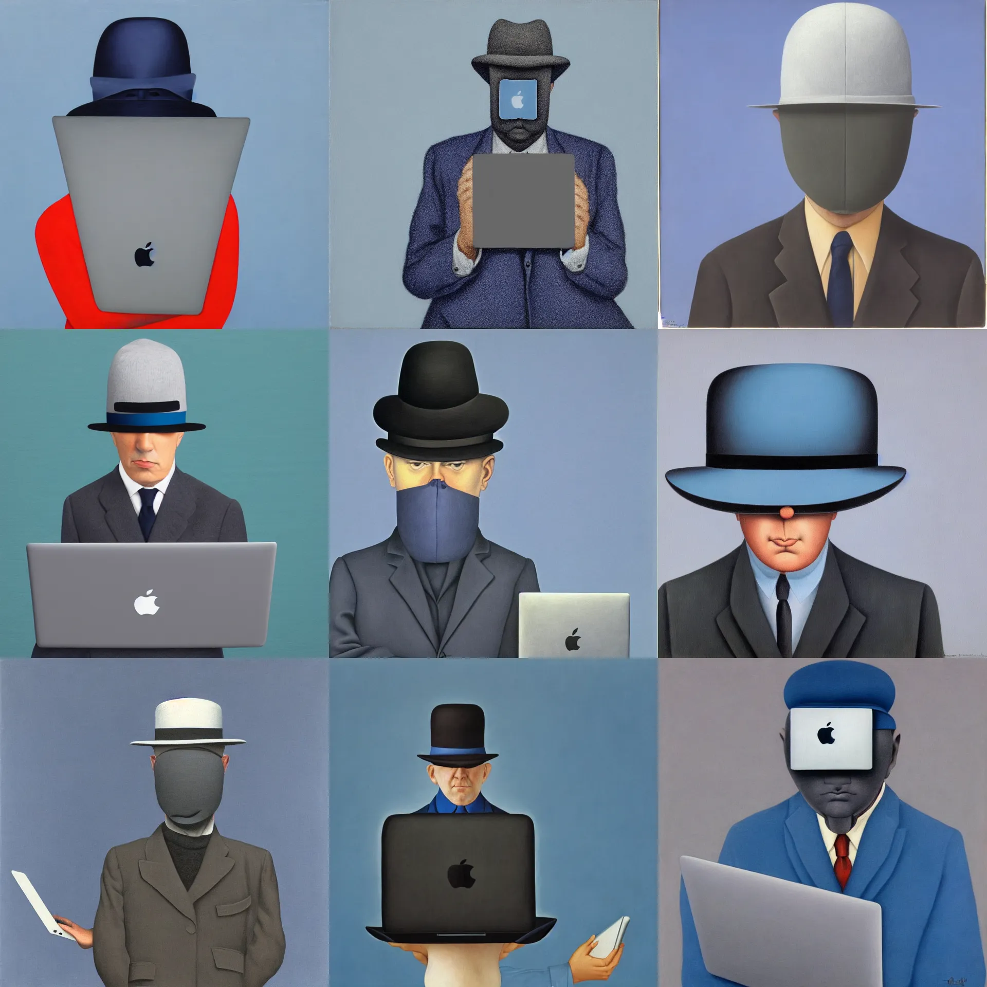 Prompt: front view portrait of a man with a macbook laptop covering / hiding his face, wearing a hat, blue / grey background, painted by rene magritte