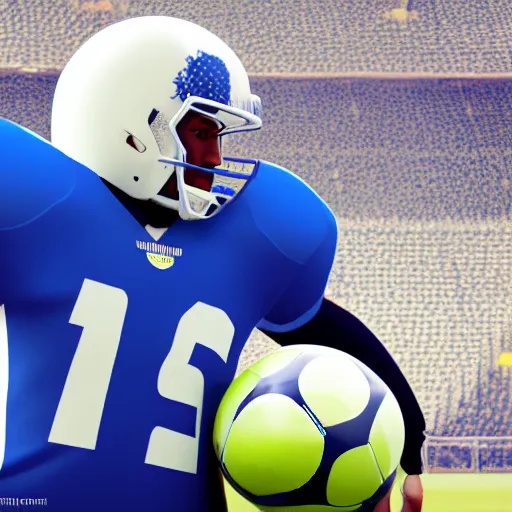 Image similar to american football player holding a soccer ball, 8 k, unreal engine, hyperrealistic