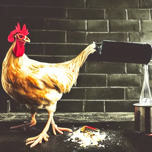 Prompt: photo of a chicken ripping a bong, chicken ripping a bong hit