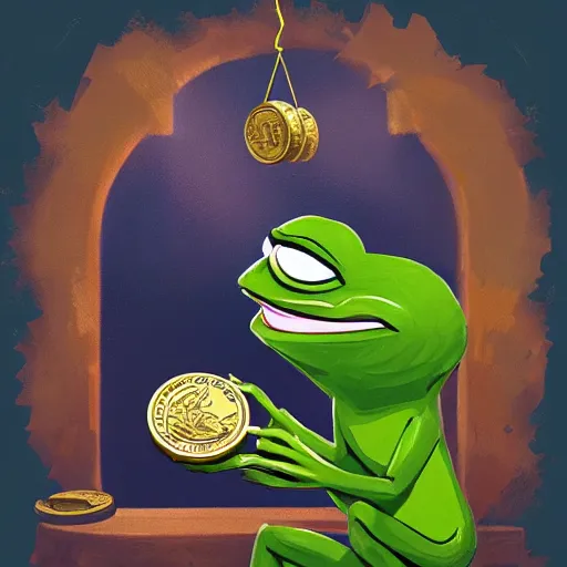 Image similar to super rich happy pepe, coins, gold, crystals, greg rutkowski