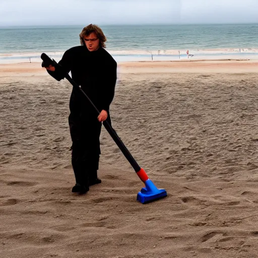 Image similar to Anakin Skywalker vacuuming the beach to remove sand