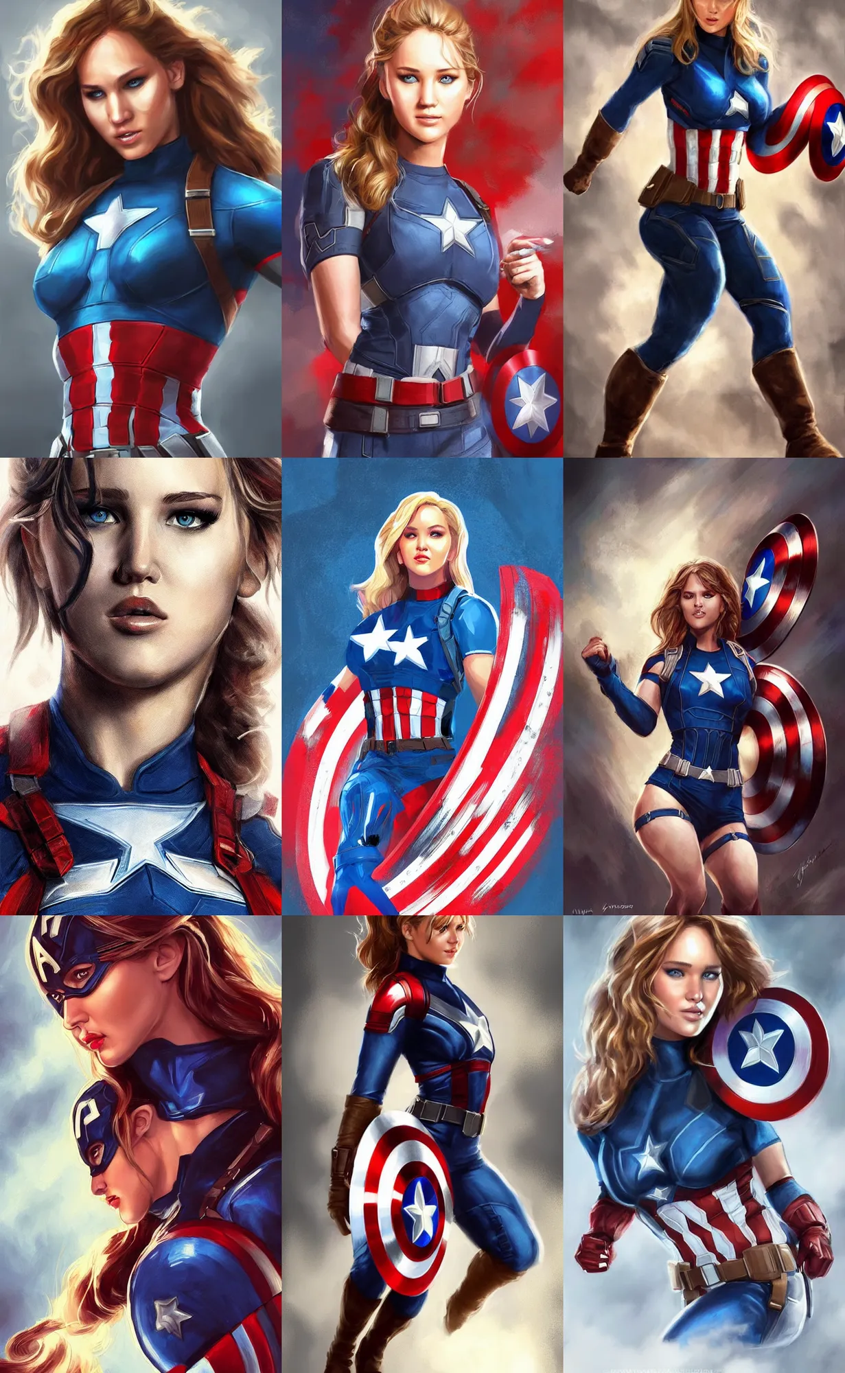 Prompt: a beautiful rendering of jennifer laurence as captain America by nick Silva, trending on artstation, instagram