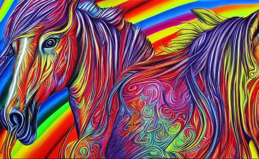 Prompt: a Photorealistic dramatic hyperrealistic vivid colors horses by Alex Grey