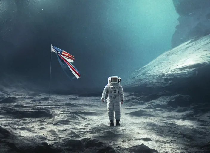 Image similar to astronaut holding a flag in an underwater desert. a submarine is visible in the distance. dark, concept art, cinematic, dramatic, atmospheric, 8 k, trending on artstation, blue, fish, low visibility, fog, ocean floor, christopher nolan, interstellar