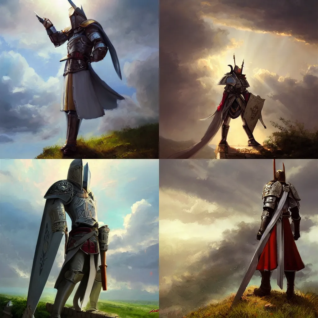 Prompt: Templar knight standing on top of a castle wall, Thunderclouds in the sky, sun shining through clouds, crepuscular rays, painting by krenz cushart, wlop