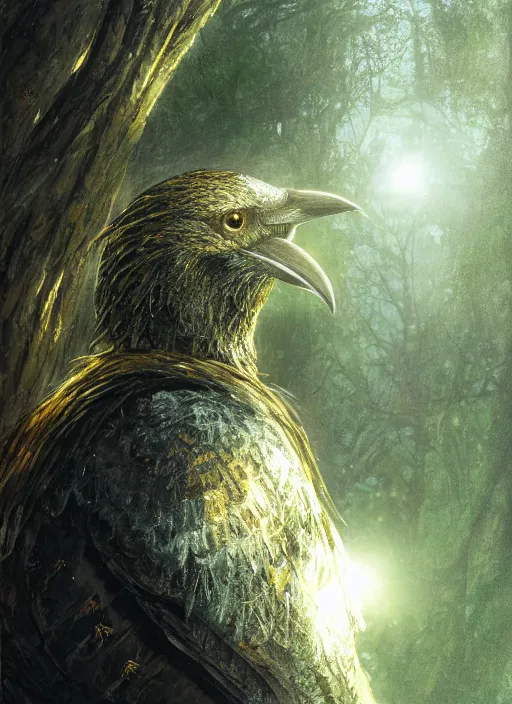 Prompt: glowing silver and golden elements, full close-up zoom portrait of realistic crow, book cover, green forest, white moon, establishing shot, extremly high detail, photo-realistic, cinematic lighting, by Yoshitaka Amano, Ruan Jia, Kentaro Miura, Artgerm, post processed, concept art, artstation, matte painting, style by eddie mendoza, raphael lacoste, alex ross