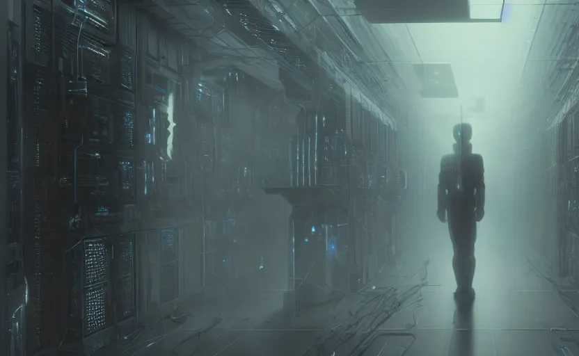 Image similar to extremely detailed cinematic movie still 3 0 7 7 foggy portrait shot of a robot in an endless data centre by denis villeneuve, wayne barlowe, simon birch, marc simonetti, philippe druillet, beeple, bright volumetric sunlight from small windows, rich moody colors, closeup