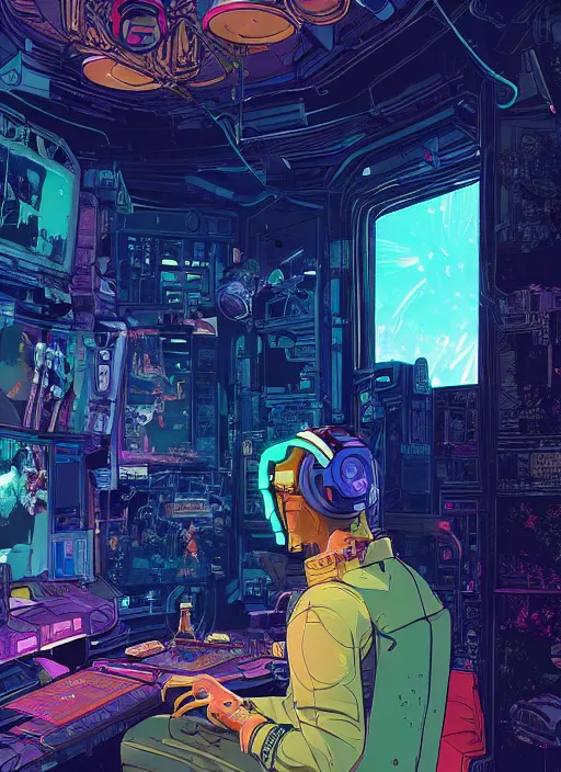 Image similar to explorer with cyberpunk headpiece playing video games in his treehouse, highly detailed, 4 k, midnight, by victo ngai and james gilleard, moebius, laurie greasley, adventure time colour palette