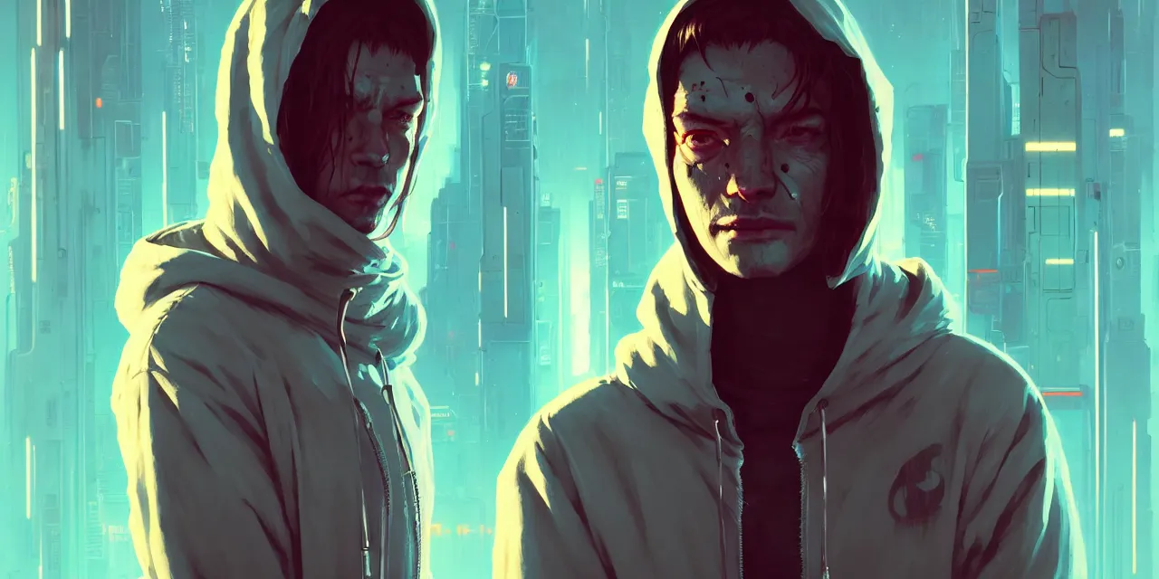 Image similar to cyberpunk synth, hyper - realistic portrait of a man in a hoodie, cyberpunk, by atey ghailan, by greg rutkowski, by greg tocchini, by james gilleard, by joe fenton, by kaethe butcher, dynamic lighting, gradient light blue, brown, blonde cream and white color scheme, grunge aesthetic