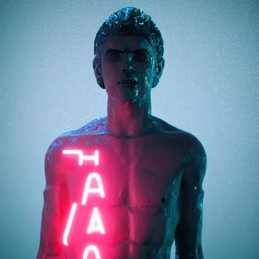 Image similar to a human sculpted out of rain, neon, rendered in octane, unreal engine, highly detailed, realistic, beautiful, emotional