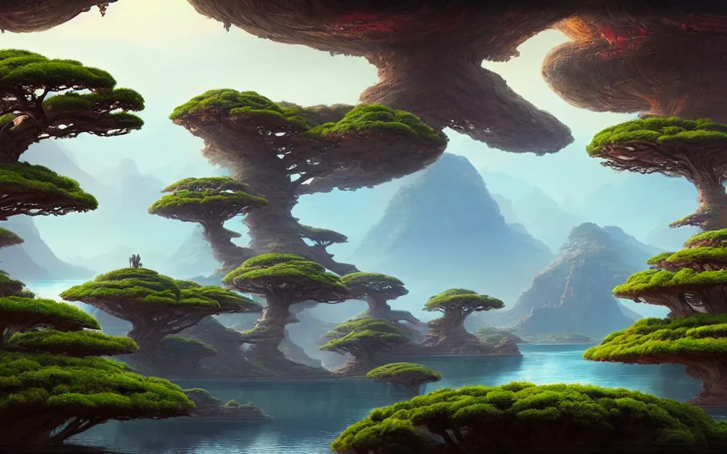 Prompt: a beautiful highly detailed matte painting of an alien planet with giant bonsai trees with a lake surrounded by a canyon and ruins. by Jose Daniel Cabrera Pena and Leonid Kozienko, Noah Bradley concept art