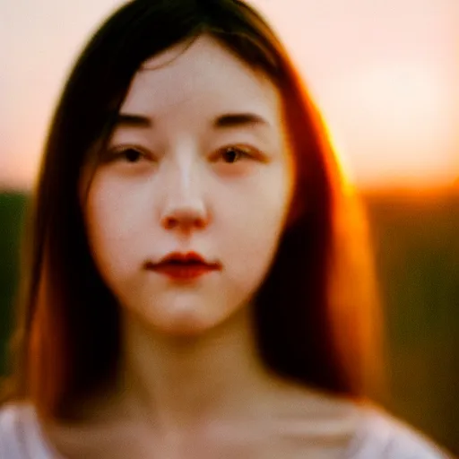 Image similar to beautiful hyperreal photograph of a cute woman,, golden hour, soft focus, medium shot, 8 k, portra 4 0 0