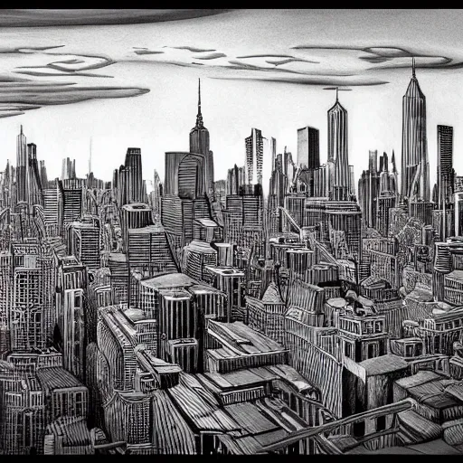 Image similar to Brooklyn skyline painting by MC Escher, realistic, abstract, ambient lighting, atmospherical, stunning visuals, creative, cinematic, ultra detailed, trending on art station